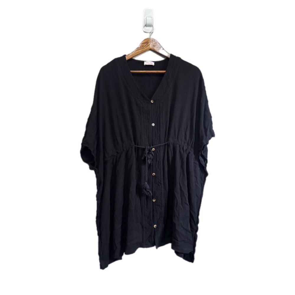 Pink Lily‎ Swim Cover Up Women L Black Excellent Button Front Tassel Drawstring
